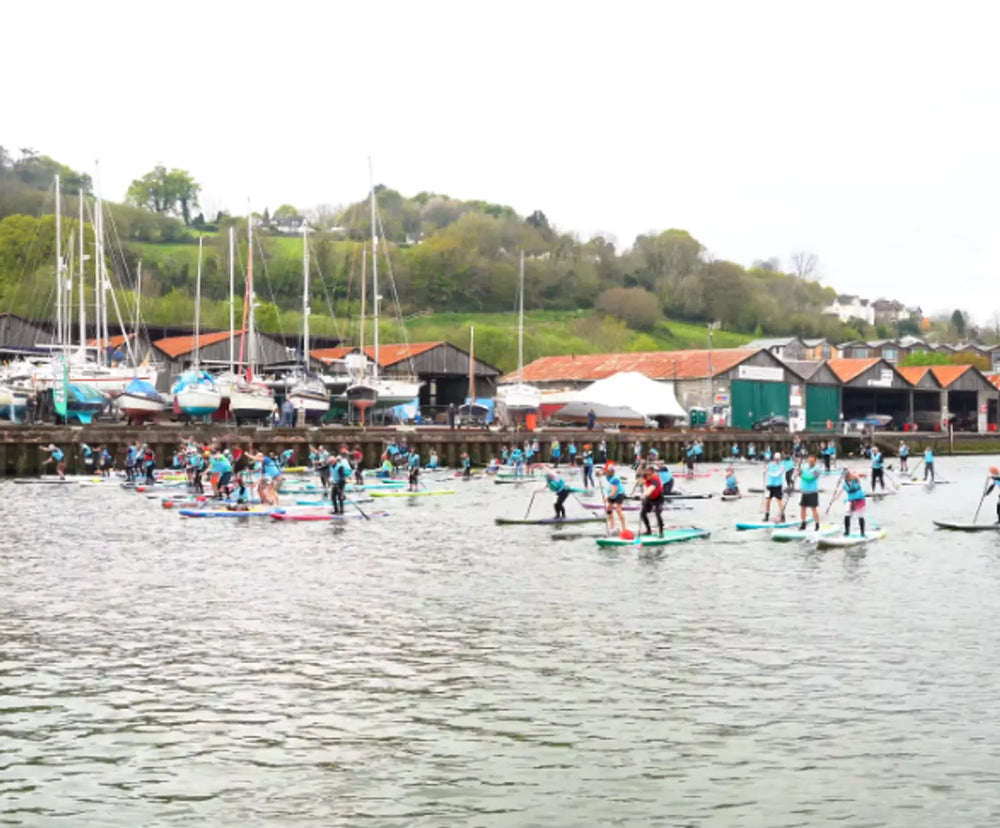 A group of people paddleboarding in a racing event