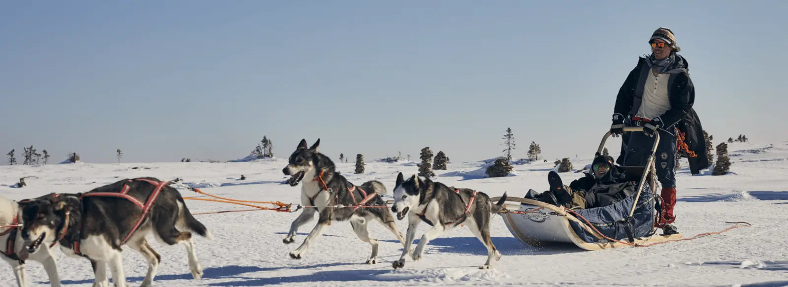 A man being pulled by husky dogs on a sled in the snow