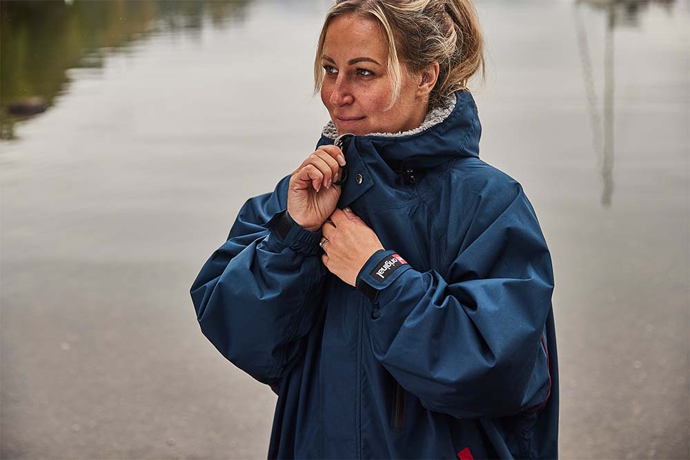 Woman wearing Red Original Pro Changing Robe in Navy