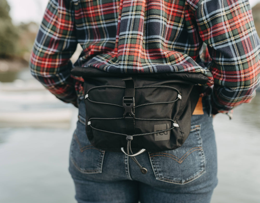 close up of waterproof crossbody bag being worn