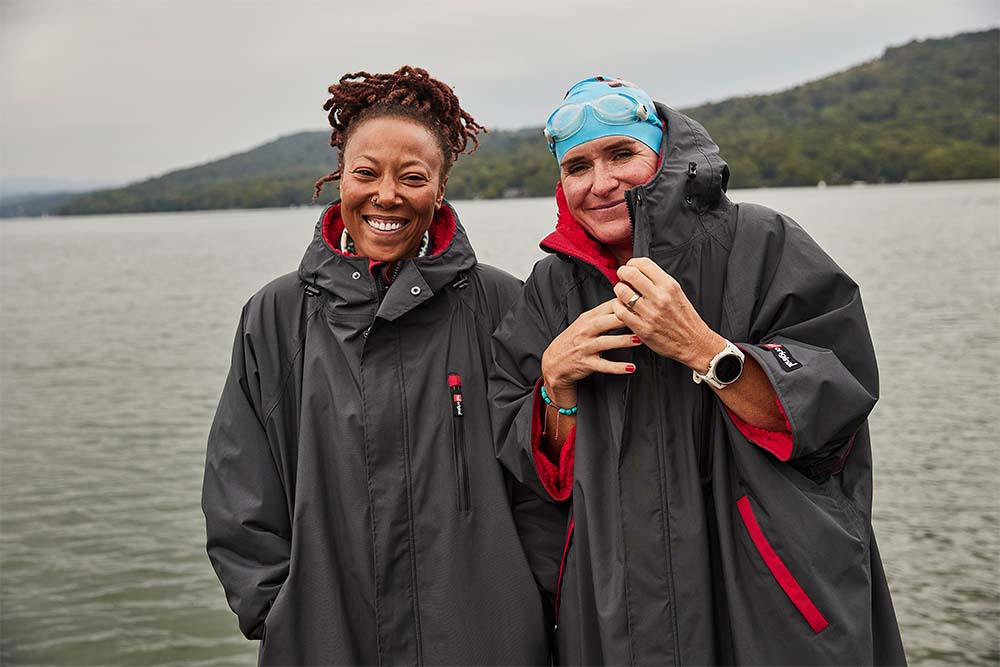 Two women wearing Red Original Pro Change Robe EVO in Grey